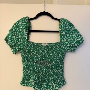 Bershka Green Floral Smocked Blouse